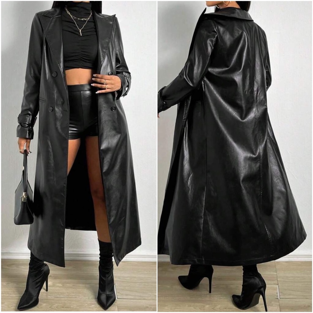 Luxe Vegan Leather Button up Trench Coat - Picture 2 of 6